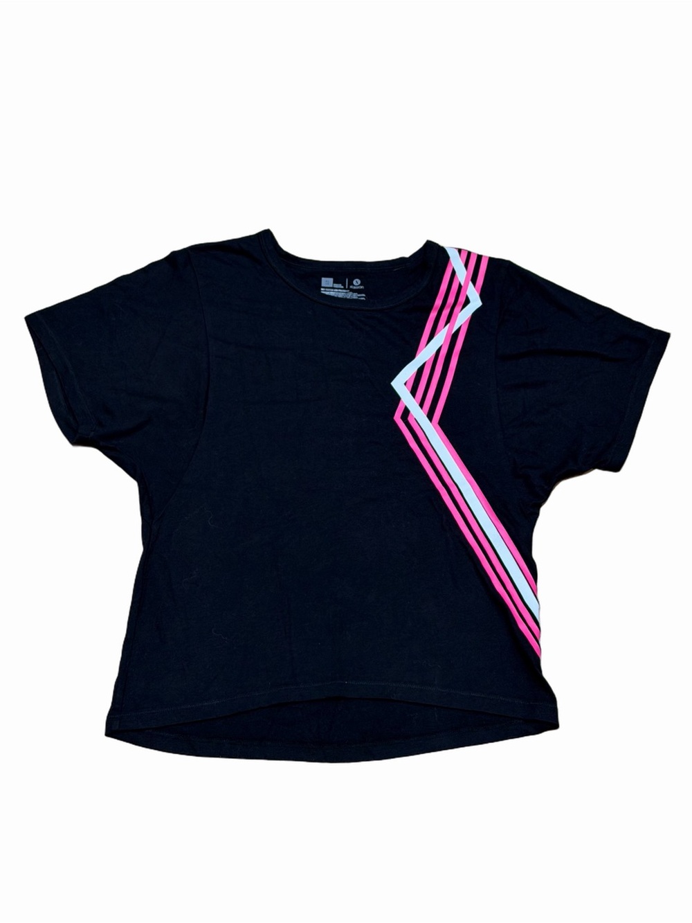 Xersion Girls XL 16 Black Pink White Stripe Short Sleeve High Low Athletic Tee